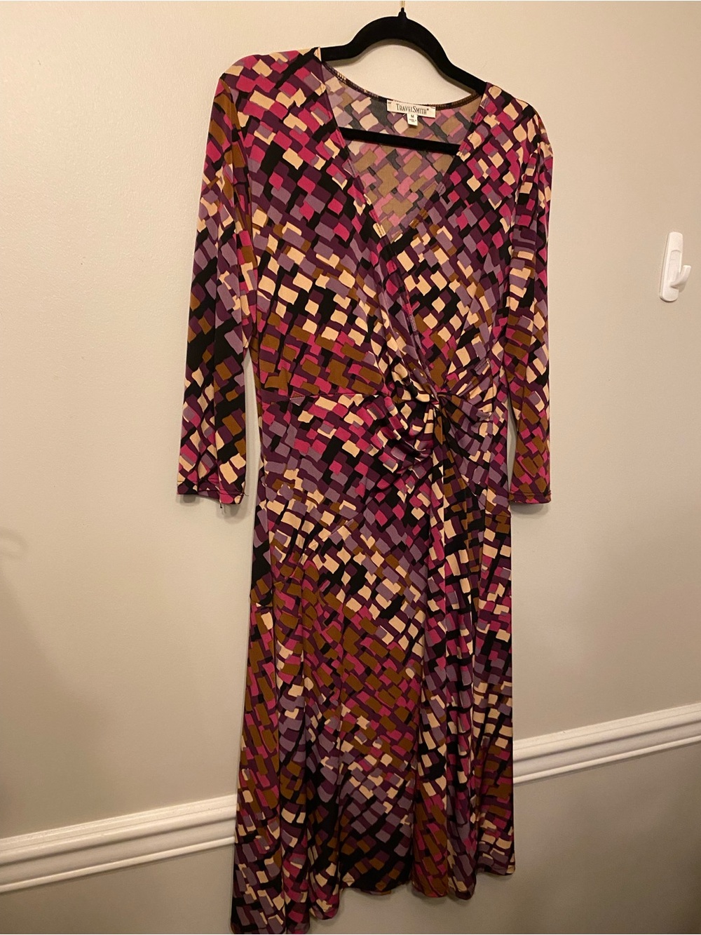 TravelSmith Pink Multi Long-Sleeve Wrap-Style Geometric Dress